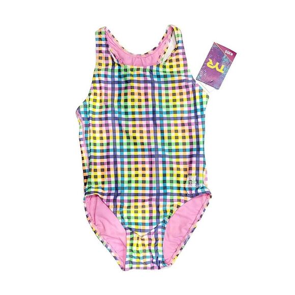TYR DuraFast Lite Girls SUNSET PLAID Maxfit 1pc Swimsuit Dk Violet Pink Size 14 - Picture 1 of 14